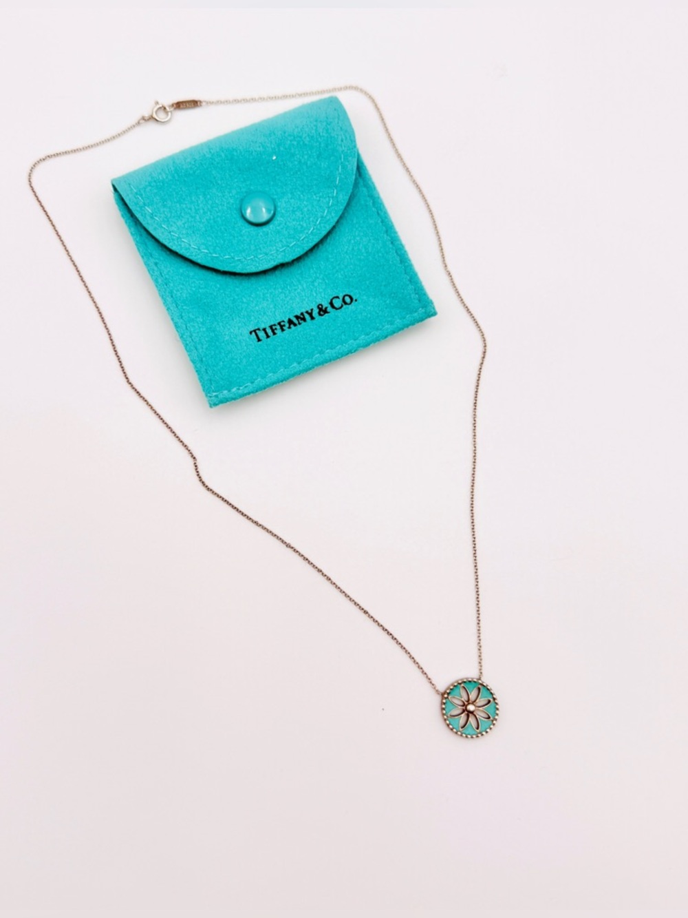 RARE Tiffany & Co Silver Blue Enamel Daisy Necklace